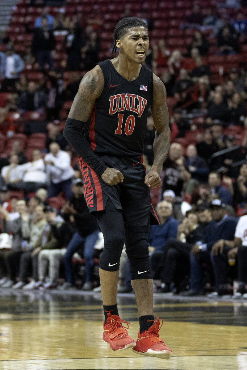UNLV Rebels guard Keshon Gilbert (10) celebrates after his team scored during the second half o ...