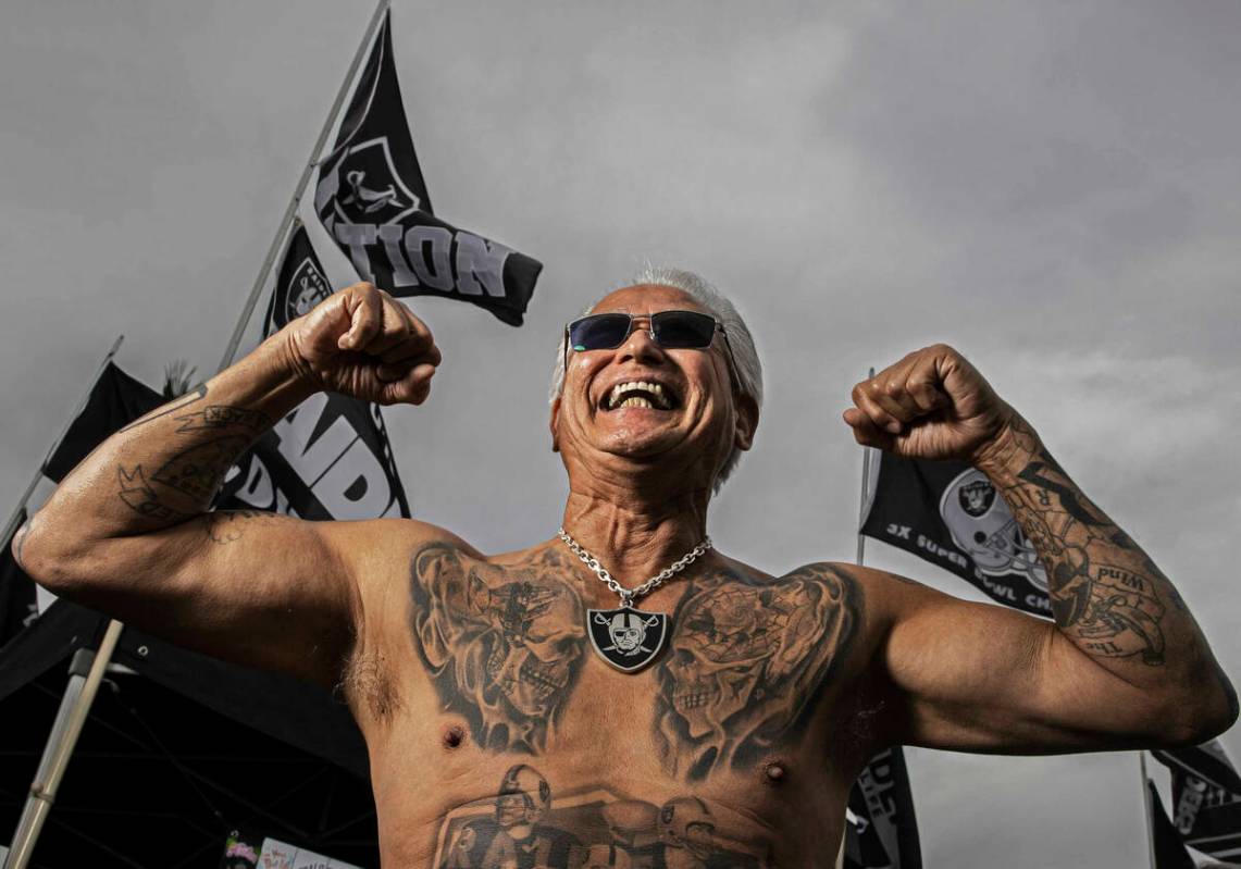 Raider fan Jack Freeman, AKA Parking Lot Jack, outside Allegiant Stadium before the start of an ...