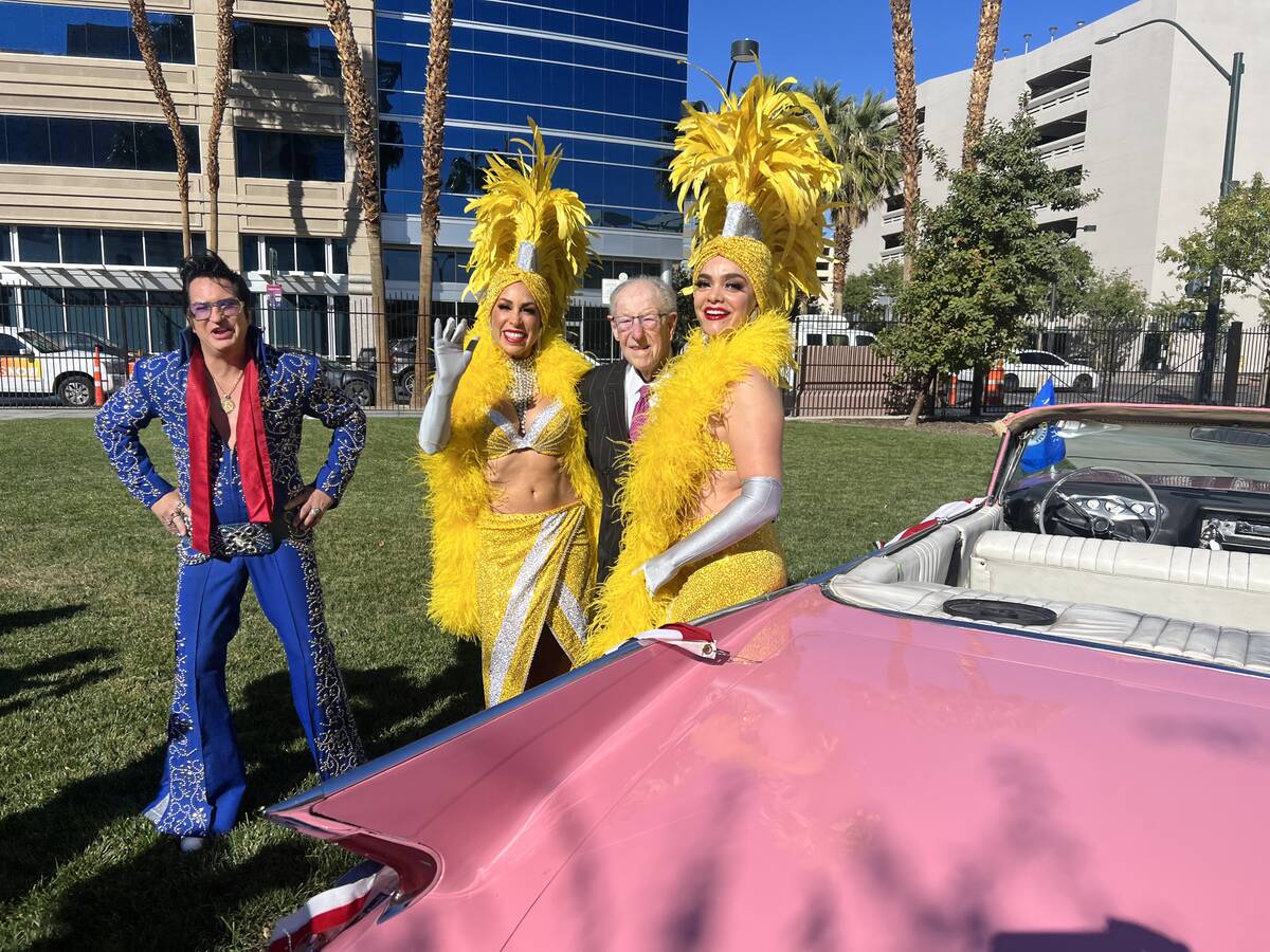 Former Mayor Oscar Goodman is shown with Las Vegas Councilwoman Michele Fiore, Elvis impression ...