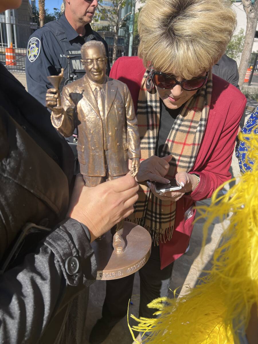 Mayor Carolyn Goodman is shown with a miniature statue of her husband, former Las Vegas Mayor O ...