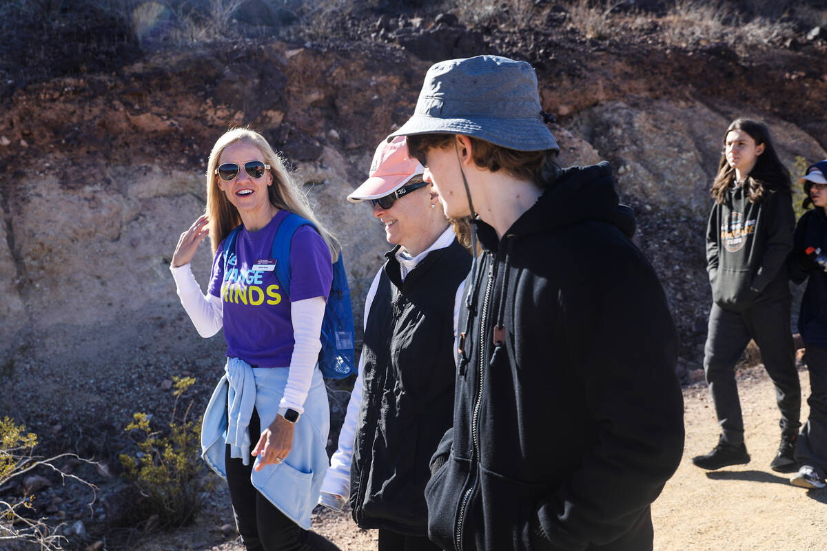 Emilia Gross, a teacher with Nevada Connections Academy, from left, chats with Paola Anthony, c ...