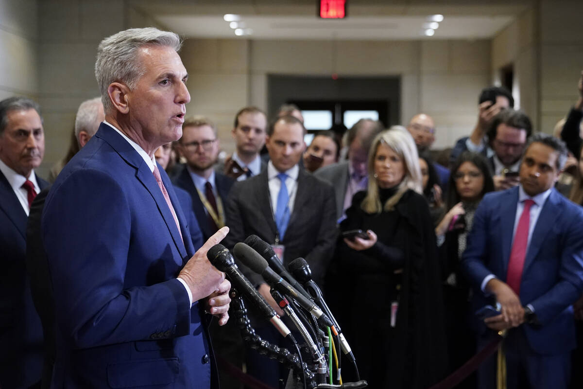 House Minority Leader Kevin McCarthy, R-Calif., speaks with journalists after winning the House ...