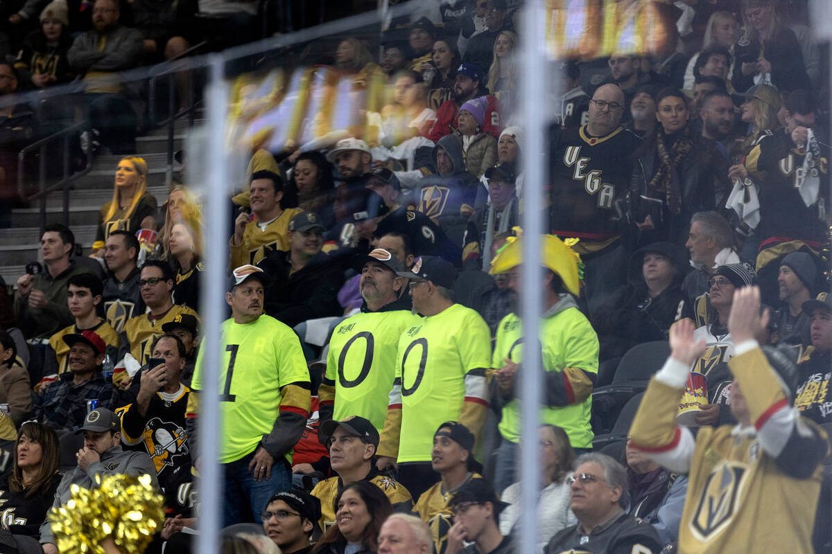 Golden Knights fans wear shirts to celebrate center Phil Kessel’s 1000th consecutive NHL ...