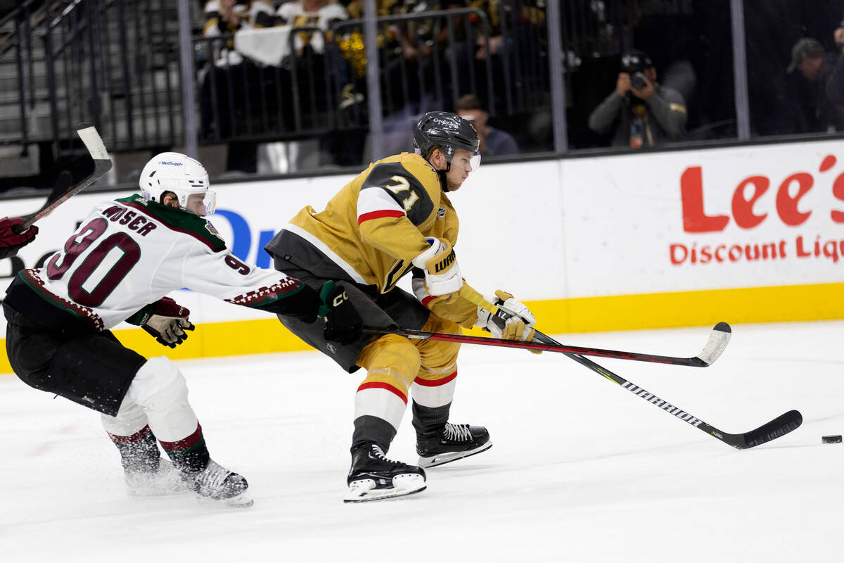 Golden Knights center William Karlsson (71) skates to shoot against Coyotes defenseman J.J. Mos ...