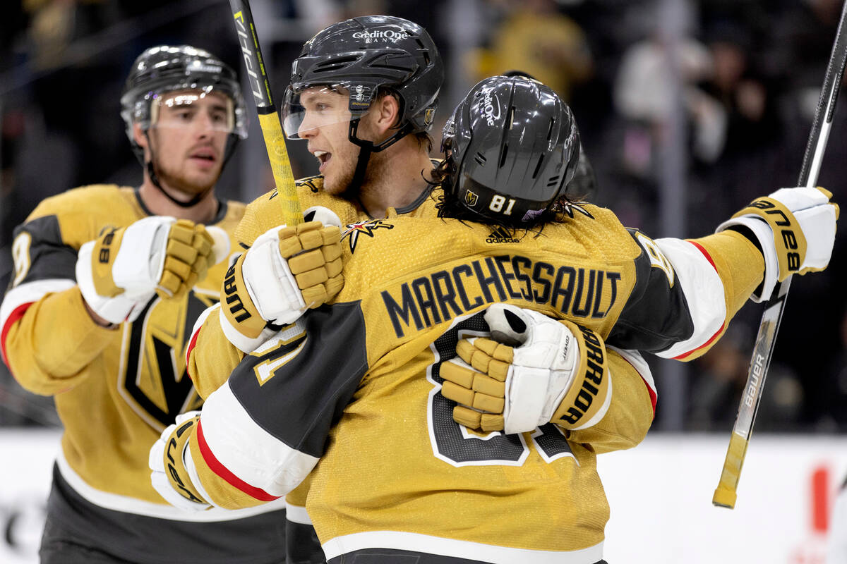 Golden Knights right wing Reilly Smith, left, center William Karlsson, center, and center Jonat ...