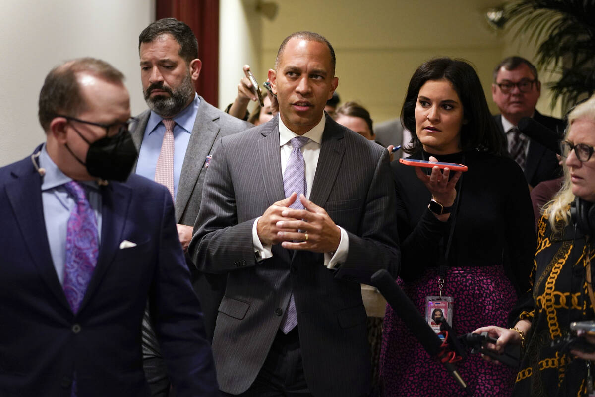 Rep. Hakeem Jeffries, D-N.Y., talks with reporters on Capitol Hill in Washington Thursday, Nov. ...