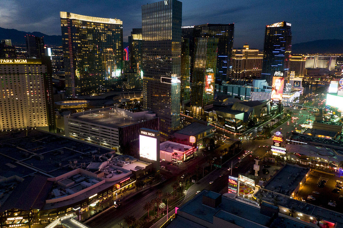 Aerial view of the Las Vegas Strip at looking north sunset on Wednesday, Jan. 12, 2022. (Las Ve ...