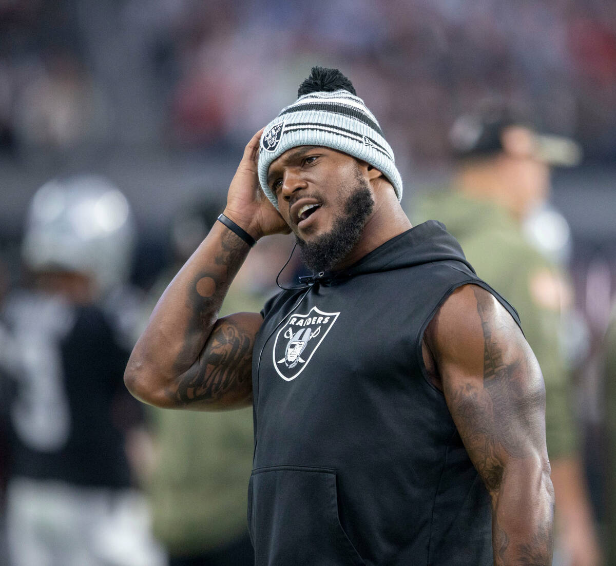 Raiders linebacker Denzel Perryman (52) reacts on the sideline during the second half of an NFL ...