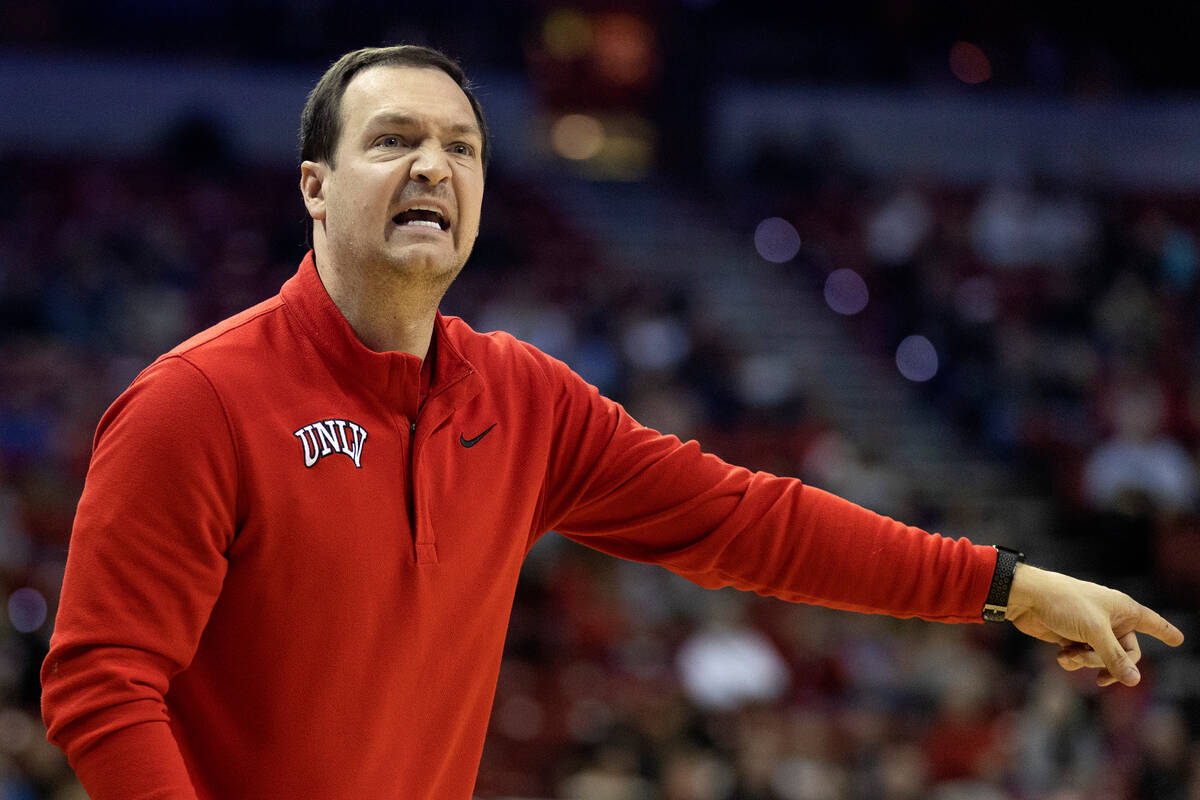 UNLV Rebels head coach Kevin Kruger shouts from the sidelines during the first half of an NCAA ...