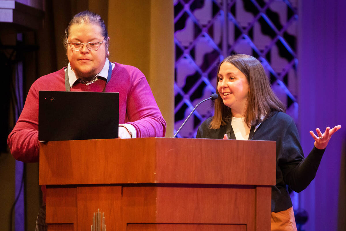 Ellen Fitzpatrick, left, and Teo Ortega, right, speak to the audience during the annual Souther ...