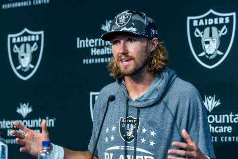 Raiders punter AJ Cole (6) speaks during a media interview at the Intermountain Healthcare Perf ...