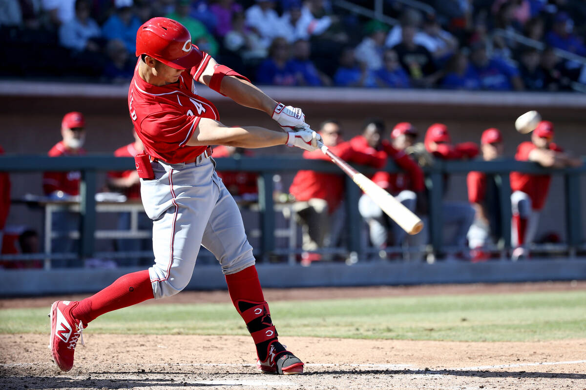 Cincinnati Reds outfielder Stuart Fairchild hits in the sixth inning of a Big League Weekend ga ...