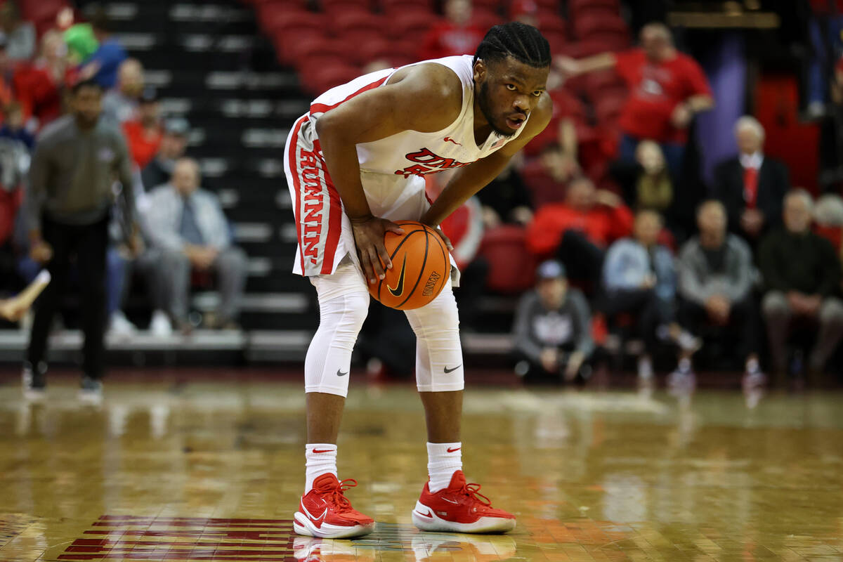 UNLV Rebels guard EJ Harkless (55) burns the clock during the second half of an NCAA college ba ...