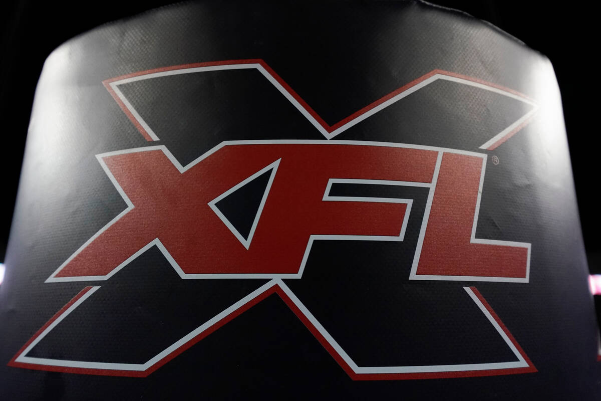 The XFL logo is on a goal post pad after an XFL football game, Saturday, Feb. 8, 2020, in Houst ...
