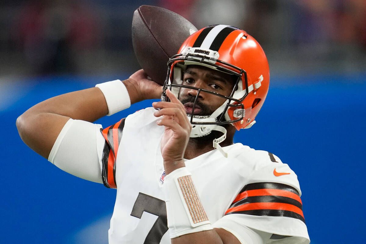 Cleveland Browns quarterback Jacoby Brissett throws during pregame of an NFL football game agai ...
