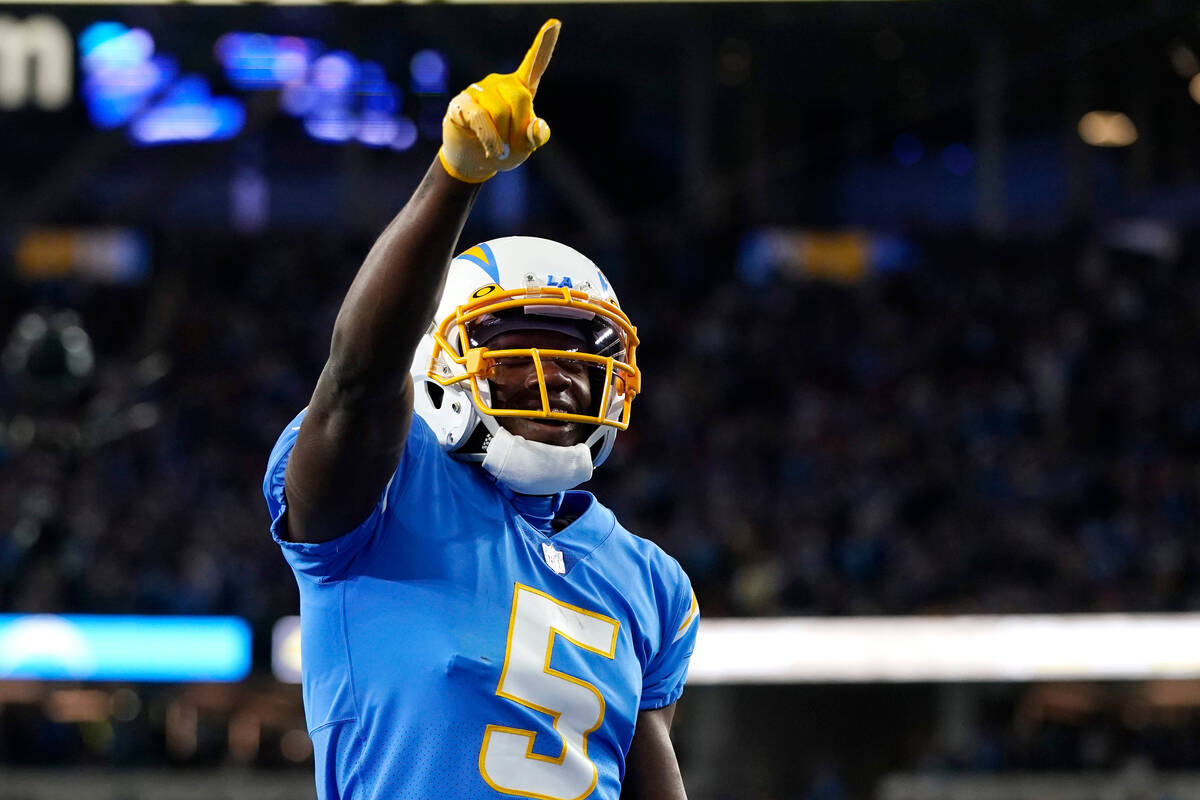 Los Angeles Chargers wide receiver Joshua Palmer celebrates after making a touchdown catch duri ...
