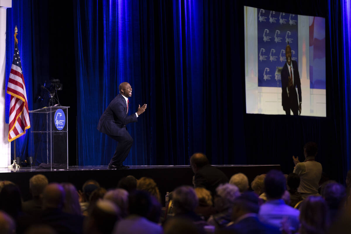 Sen. Tim Scott, R-S.C., speaks during the annual Republican Jewish Coalition leadership meeting ...