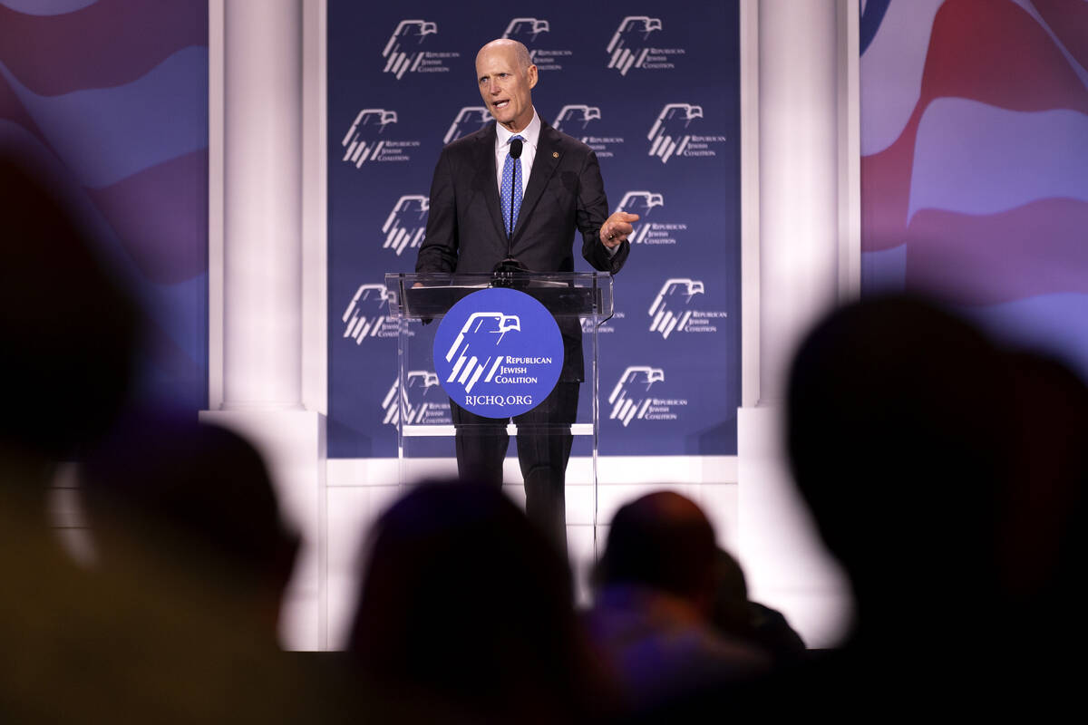 Sen. Rick Scott, R-Fla., speaks during the annual Republican Jewish Coalition leadership meetin ...