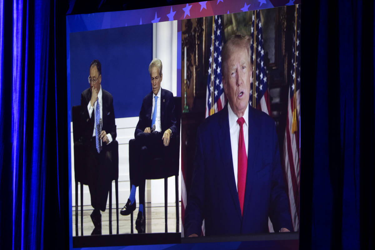 Former President Donald Trump appears on screen during the annual Republican Jewish Coalition l ...