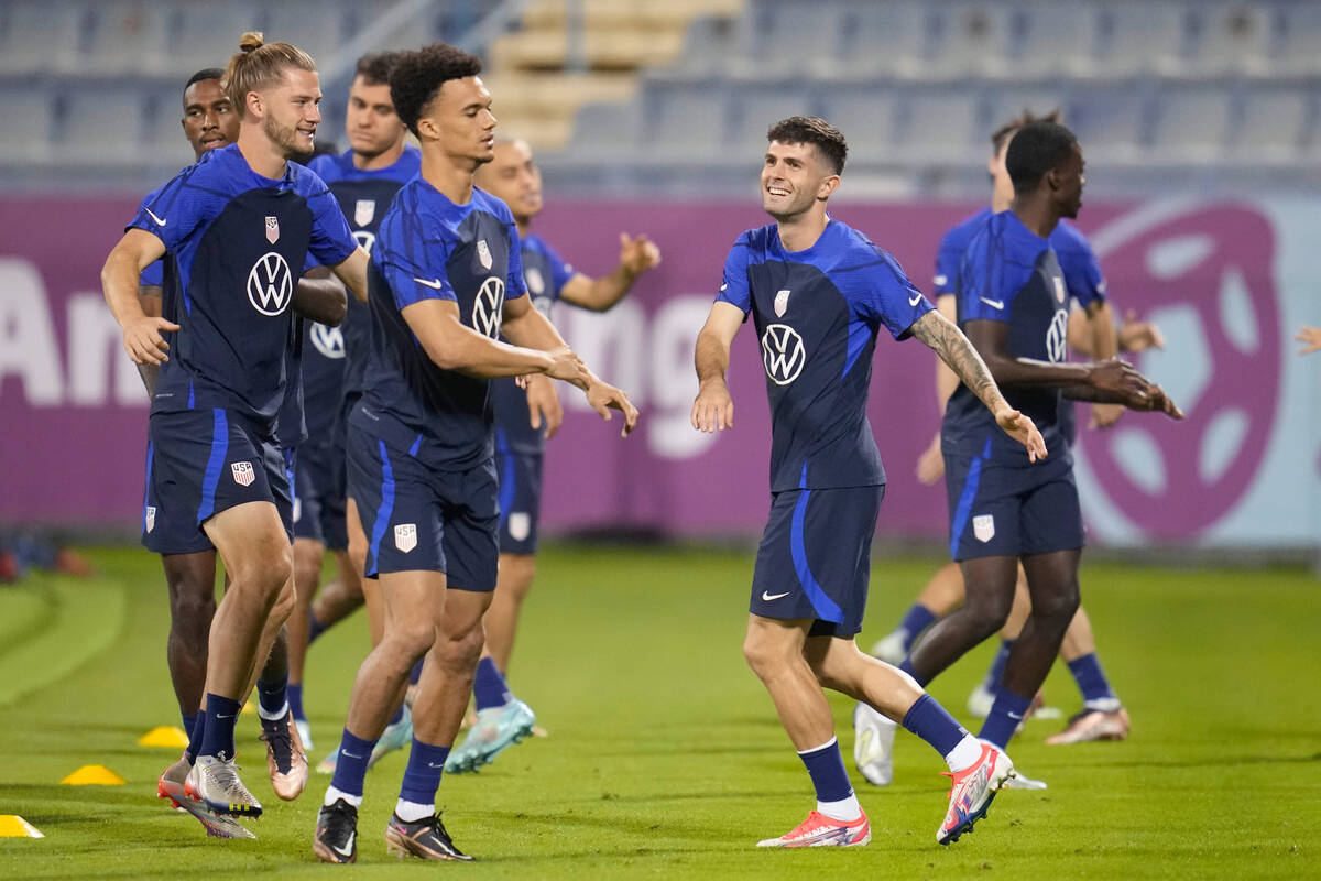 Christian Pulisic, center right, and other players from the United States participate in an off ...