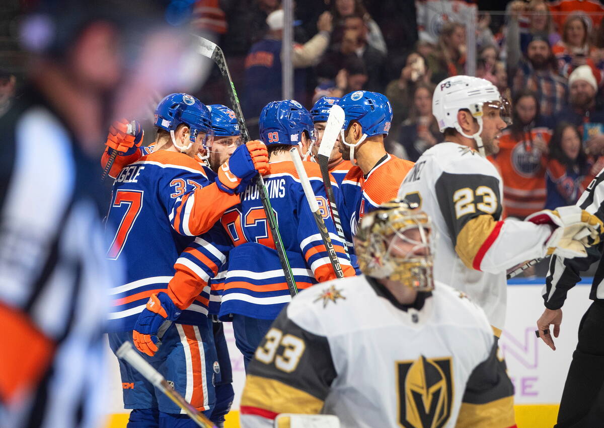The Edmonton Oilers celebrate a goal against the Vegas Golden Knights during the second period ...