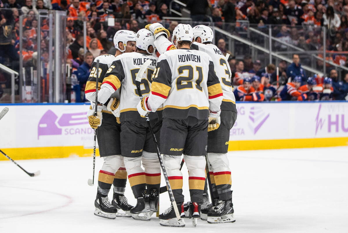 Vegas Golden Knights celebrate a goal against the Edmonton Oilers during the first period of an ...