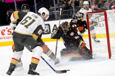 Golden Knights right wing Mark Stone (61) takes a shot on goal while Ducks goaltender Anthony S ...