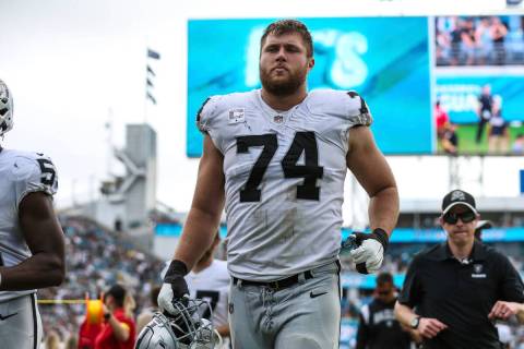Las Vegas Raiders offensive tackle Kolton Miller (74) leaves the field at halftime of an NFL fo ...