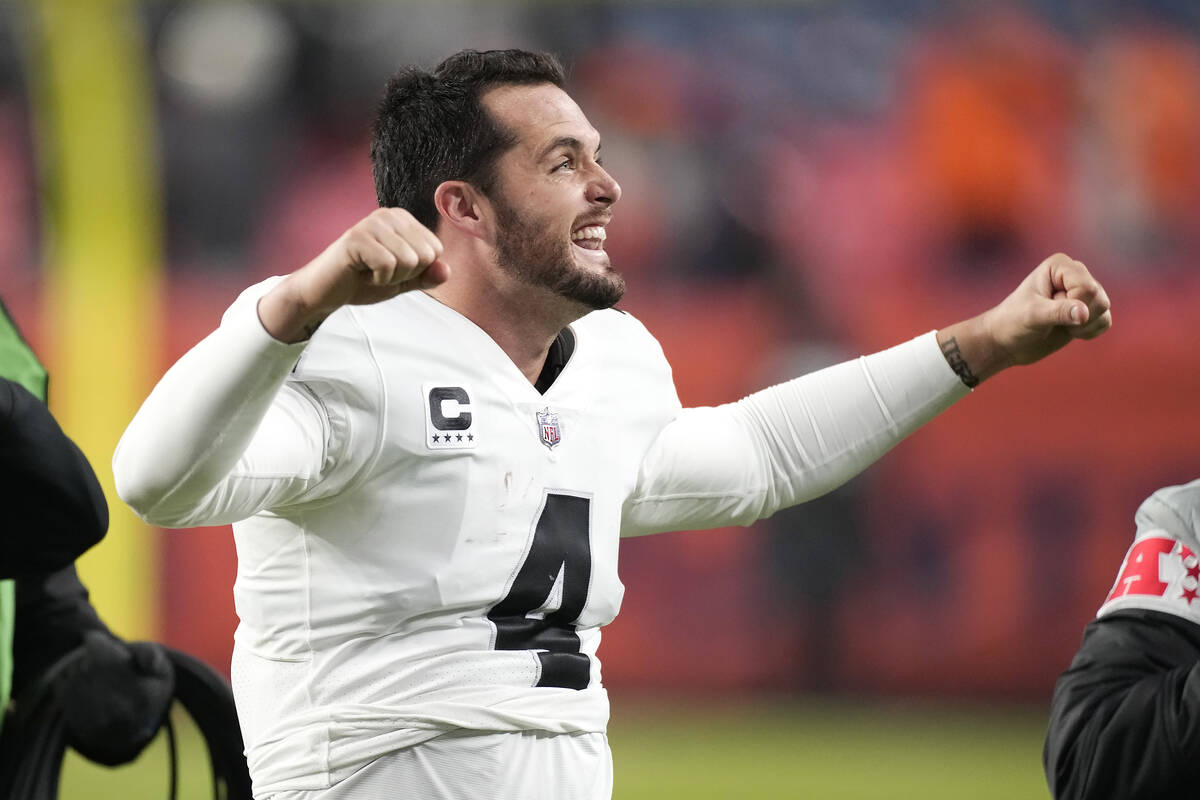 Las Vegas Raiders quarterback Derek Carr (4) celebrates after an NFL football game against the ...