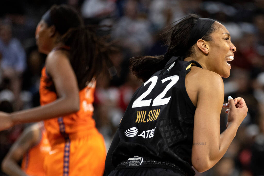 Las Vegas Aces forward A'ja Wilson (22) celebrates after scoring during the second half in Game ...