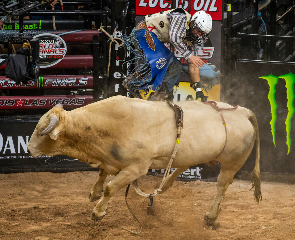 Brady Sims ends up backwards atop of Identity Crisis during the last day of the PBR World Final ...