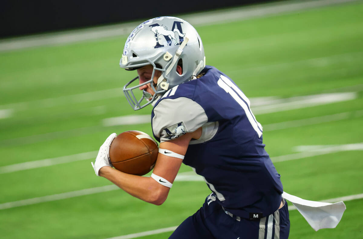 The Meadows' Finnegan Riley (11) pulls in a pass during the first half of the Class 2A football ...