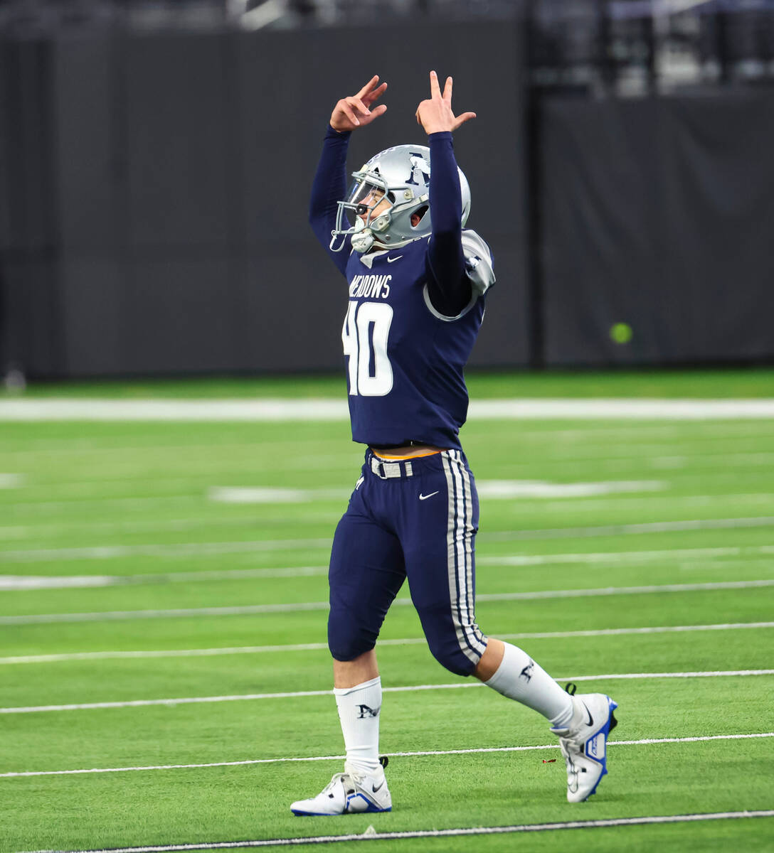 The Meadows' Zach Badain (40) reacts after a play against Lincoln County during the first half ...