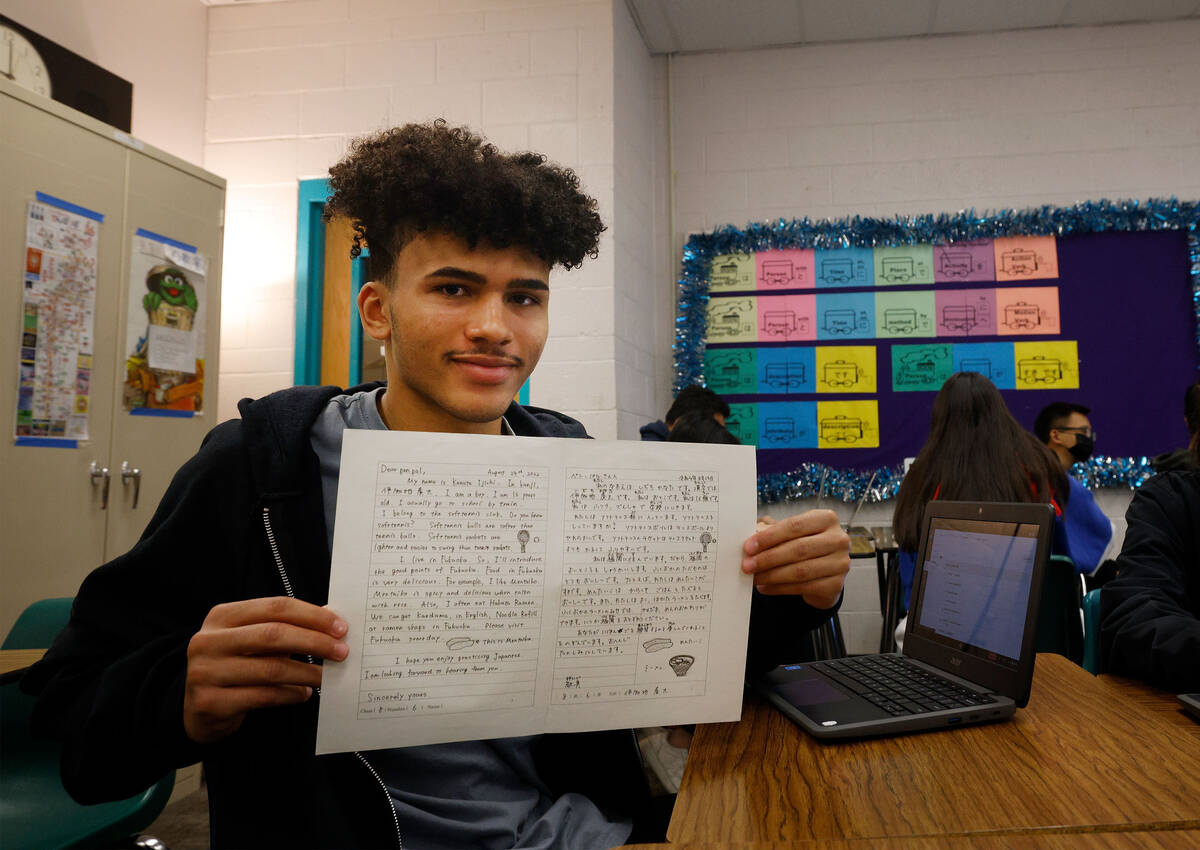 Silverado High School senior Carmine Aitala, 17,shows a letter from his Japanese pen pal, Kana ...