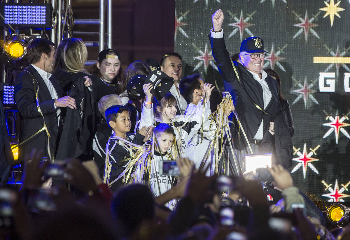 Golden Knights owner Bill Foley, right, celebrates at the conclusion of a ceremony to unveil th ...