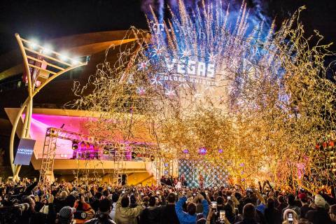 Fireworks light up the sky during a ceremony to unveil the Las Vegas NHL expansion franchise's ...