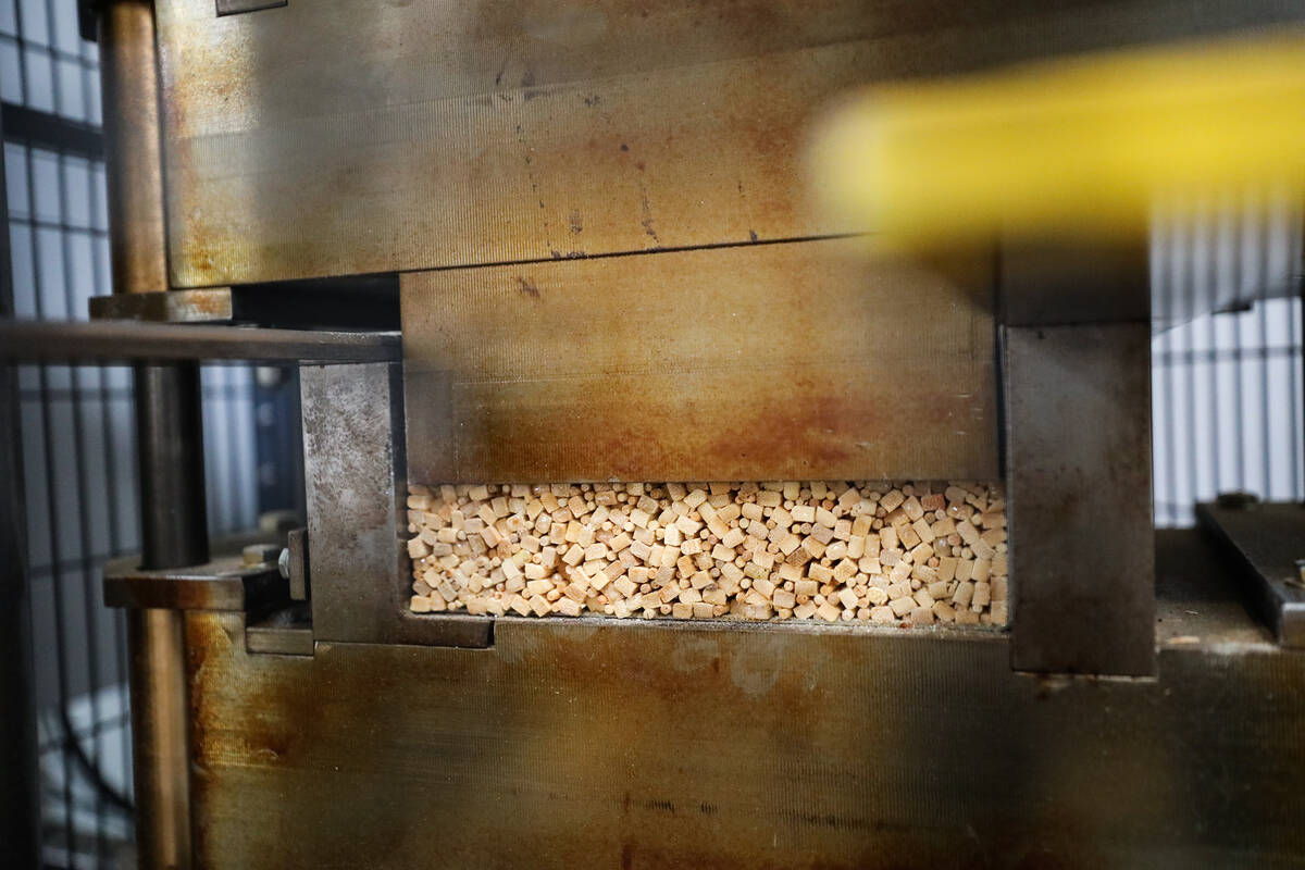 A device compresses a batch of chopsticks at ChopValue’s factory in Las Vegas, Tuesday, ...
