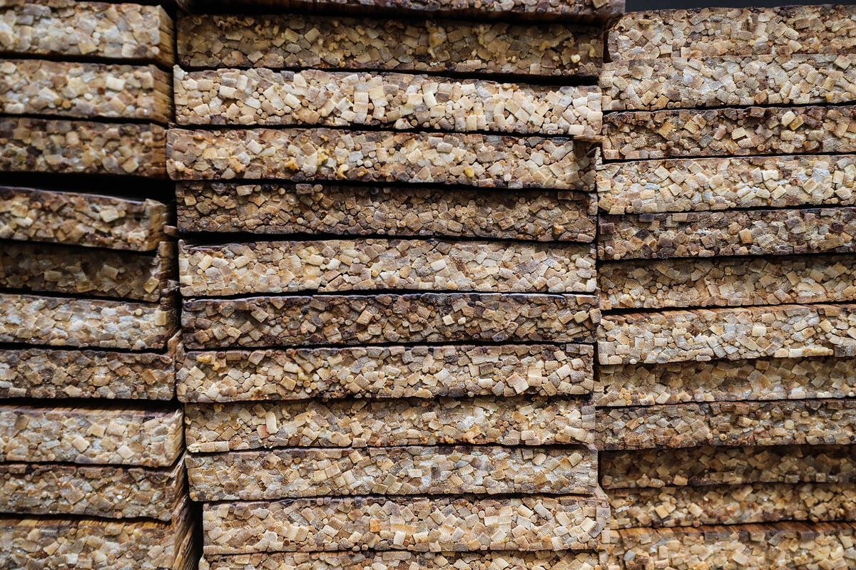 Tiles of compressed used chopsticks at ChopValue’s factory in Las Vegas, Tuesday, Nov. 2 ...