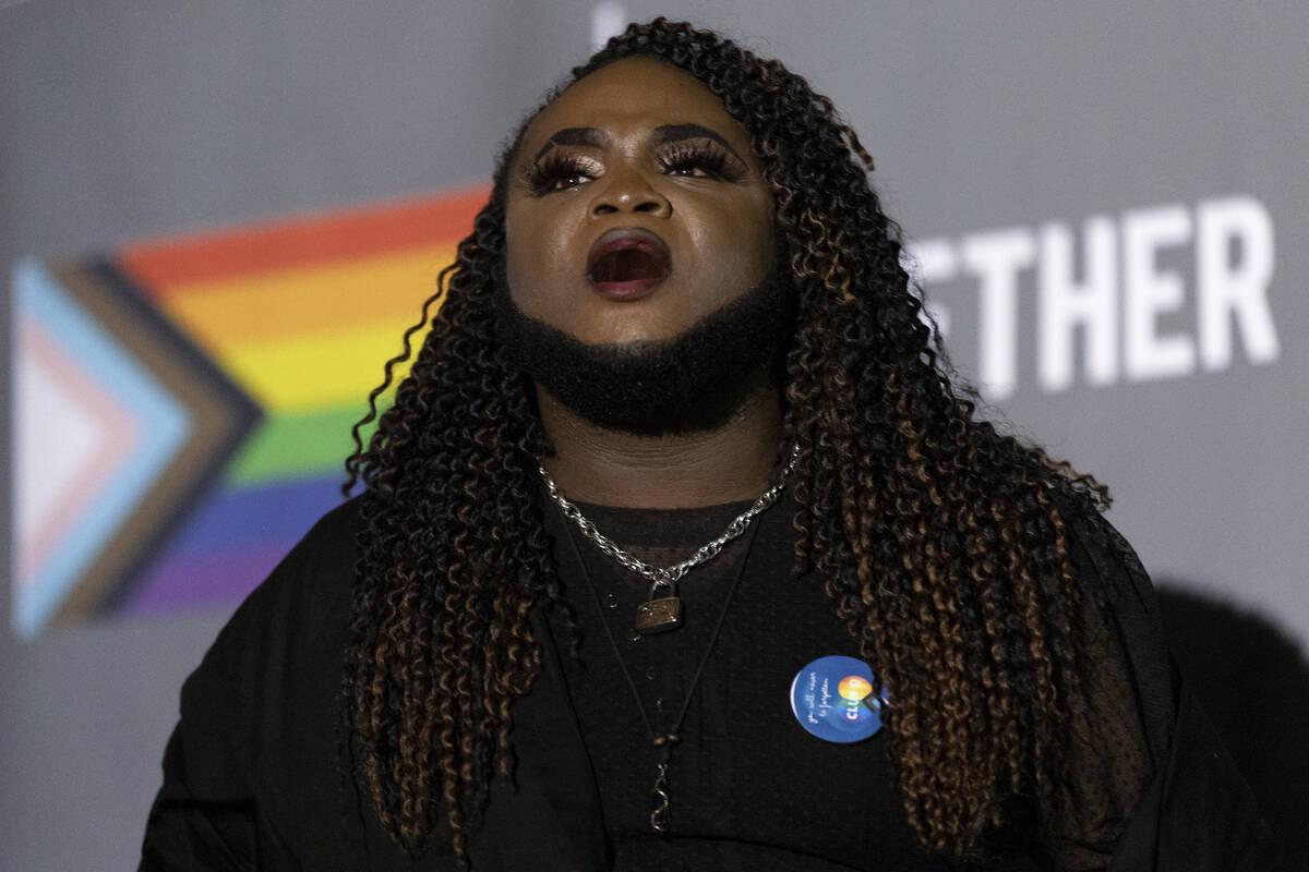 Rio sings a ballad during a vigil at the LGBTQ Center of Southern Nevada on Tuesday, Nov. 22, 2 ...