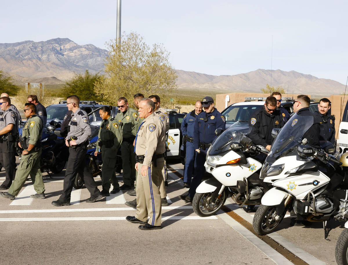 The California and Nevada Highway Patrol officers gathered at CHP Mountain Pass JPOE, on Wednes ...