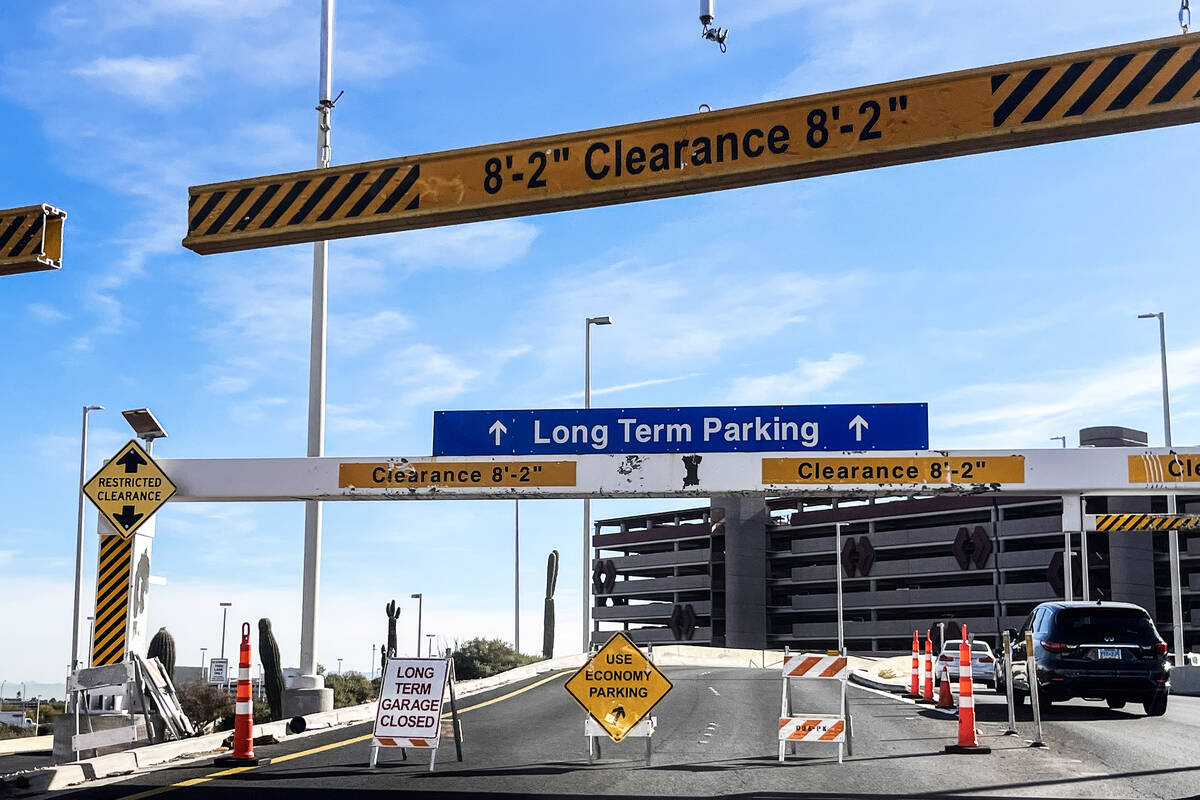 The entrance to long term parking at Harry Reid International Airport in Las Vegas, Wednesday, ...