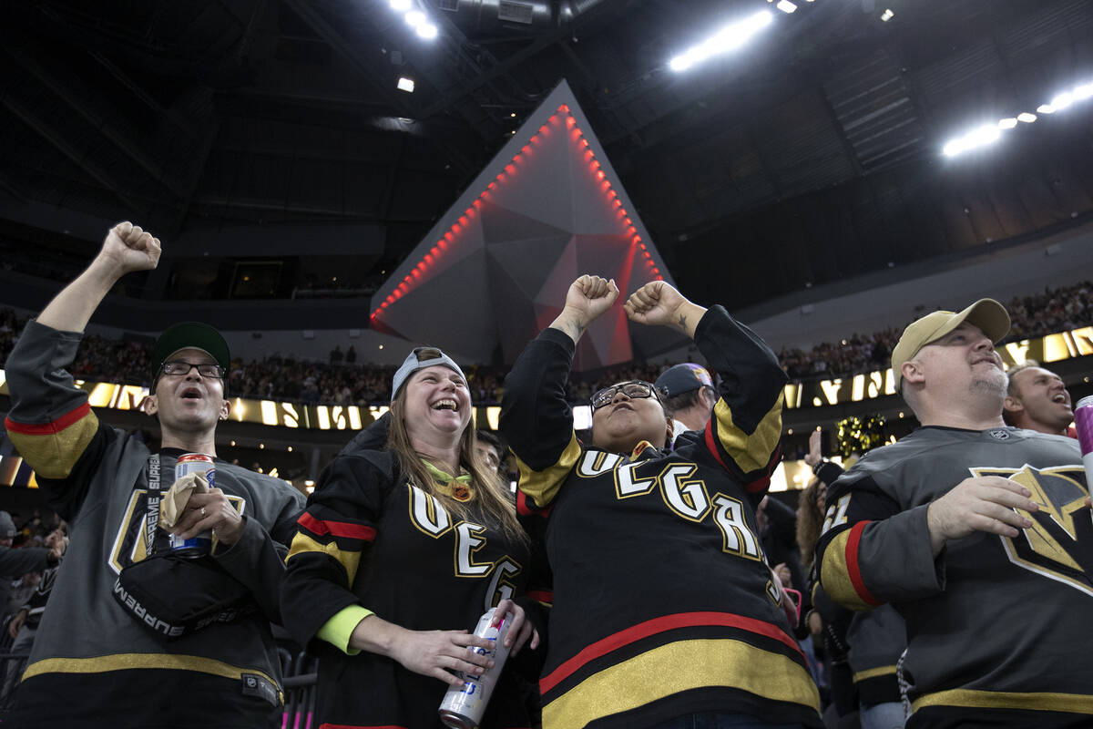 Golden Knights fans celebrate a goal by left wing William Carrier (28) during the second period ...