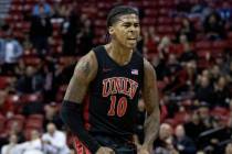 UNLV Rebels guard Keshon Gilbert (10) celebrates after his team scored during the second half o ...