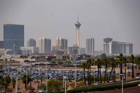 A view looking toward the north Strip as hazy weather conditions blanket the Las Vegas Valley o ...