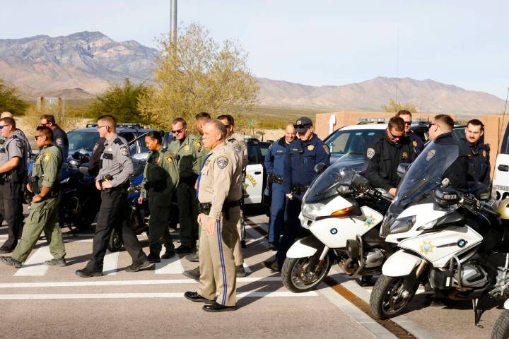 The California and Nevada Highway Patrol officers gathered at CHP Mountain Pass JPOE, on Wednes ...