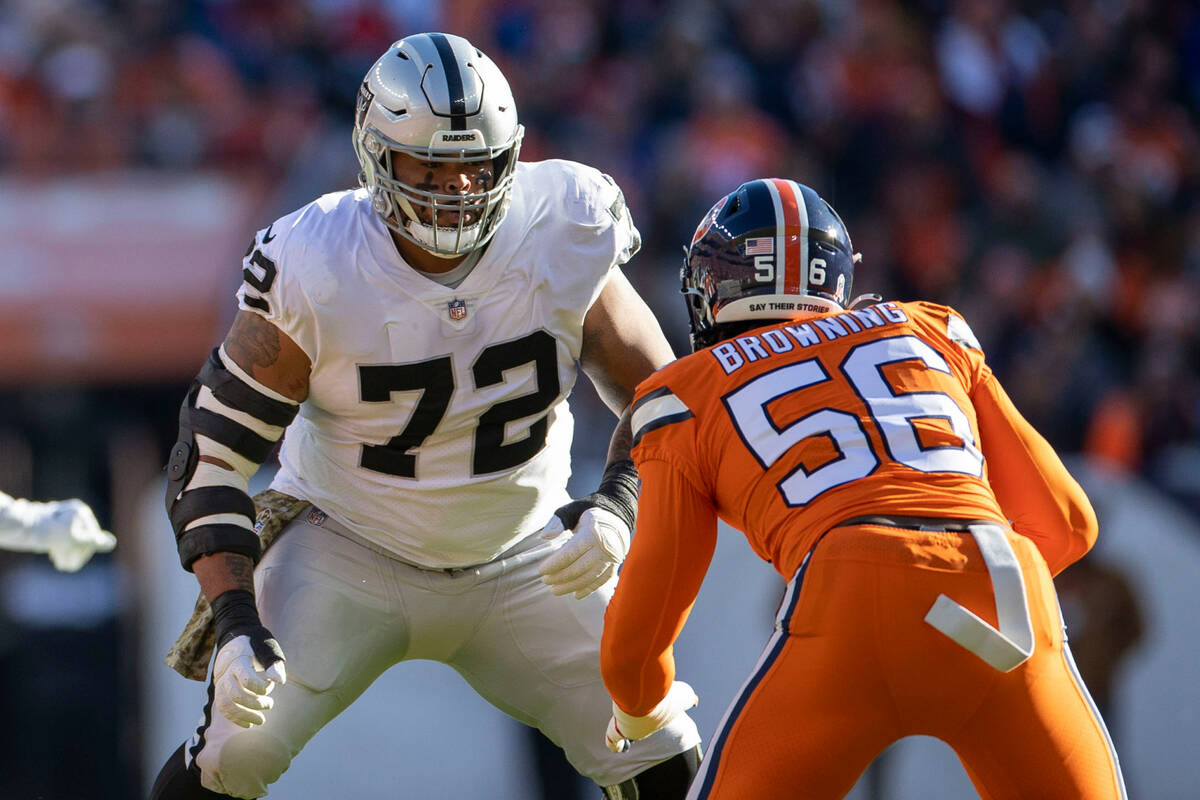 Raiders offensive lineman Jermaine Eluemunor (72) lines up against Denver Broncos linebacker Ba ...