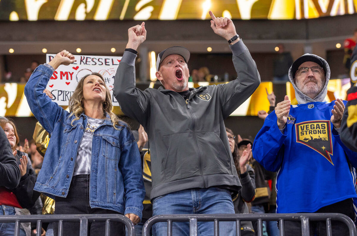 Golden Knights fans stay pumped up as they battle the Seattle Kraken during the third period of ...