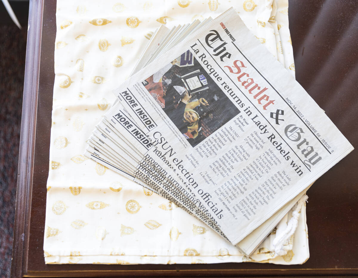 Copies of The Scarlet & Gray Free Press are seen in the newsroom at UNLV's Student Union on Wed ...