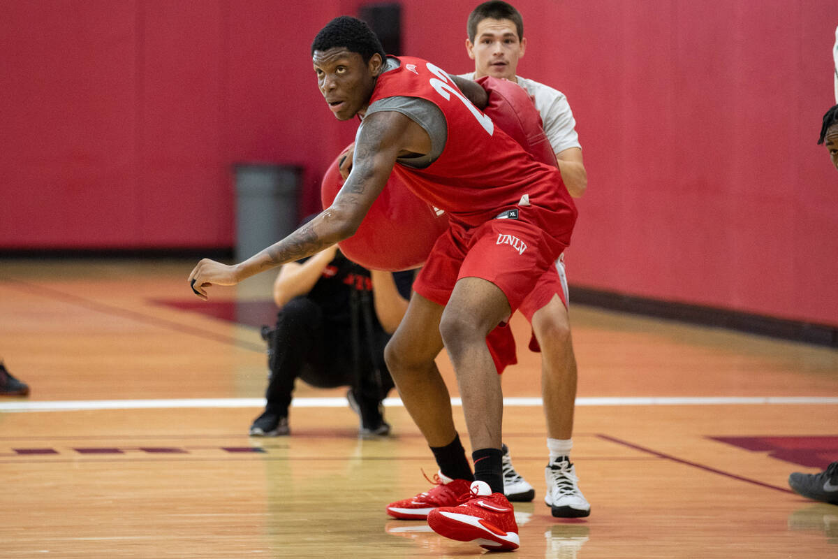 UNLV's Karl Jones (22) plays defense during a team basketball practice at Mendenhall Center in ...