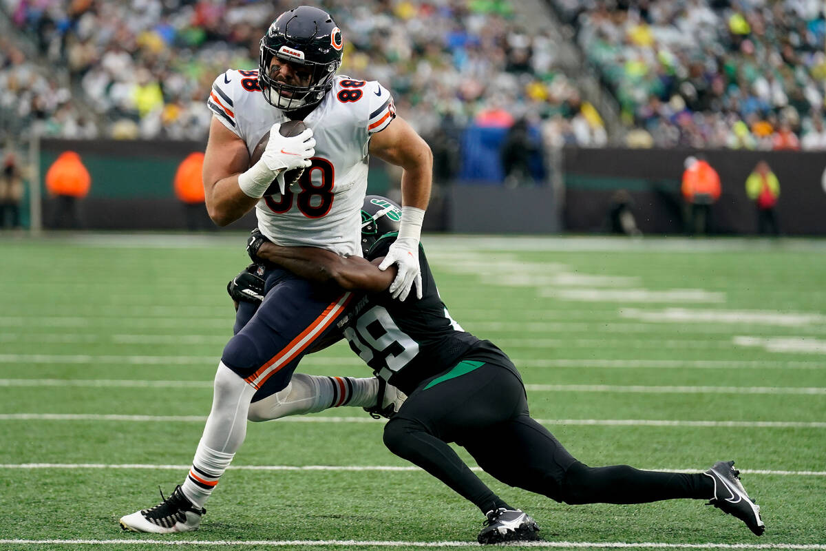Chicago Bears tight end Trevon Wesco (88) carries the ball against New York Jets safety Lamarcu ...